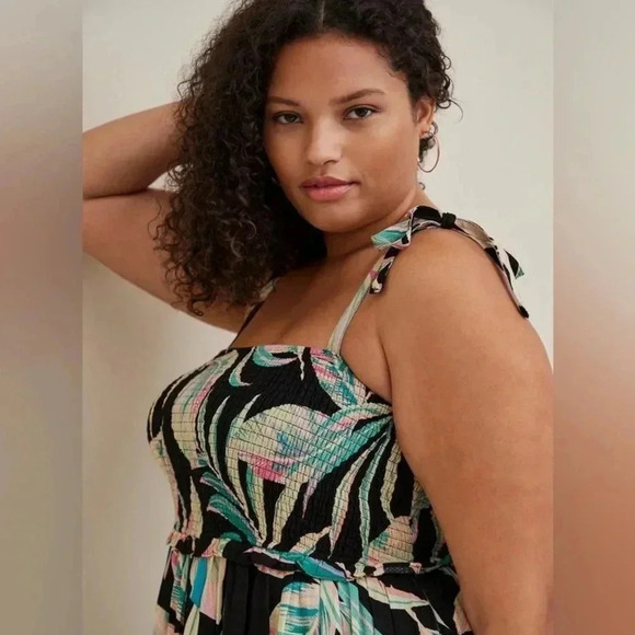 Torrid Maxi Midi Rayon Tiered Dress Tropical Floral Leaf Pastel Size Medium 00 - Picture 2 of 13